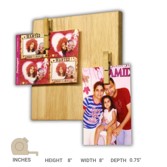 Photo Frame - Wall Mounted Photo Frame Organizer - Square Shaped Frame with Wooden Pegs Stock