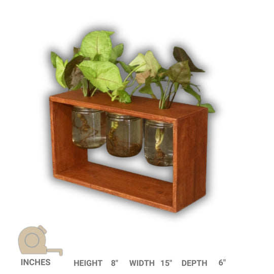 Wooden Plant Holder with 3 Glass Mason Jars - Table top planter - Handcrafted with Rubberwood -  (Set of 3)