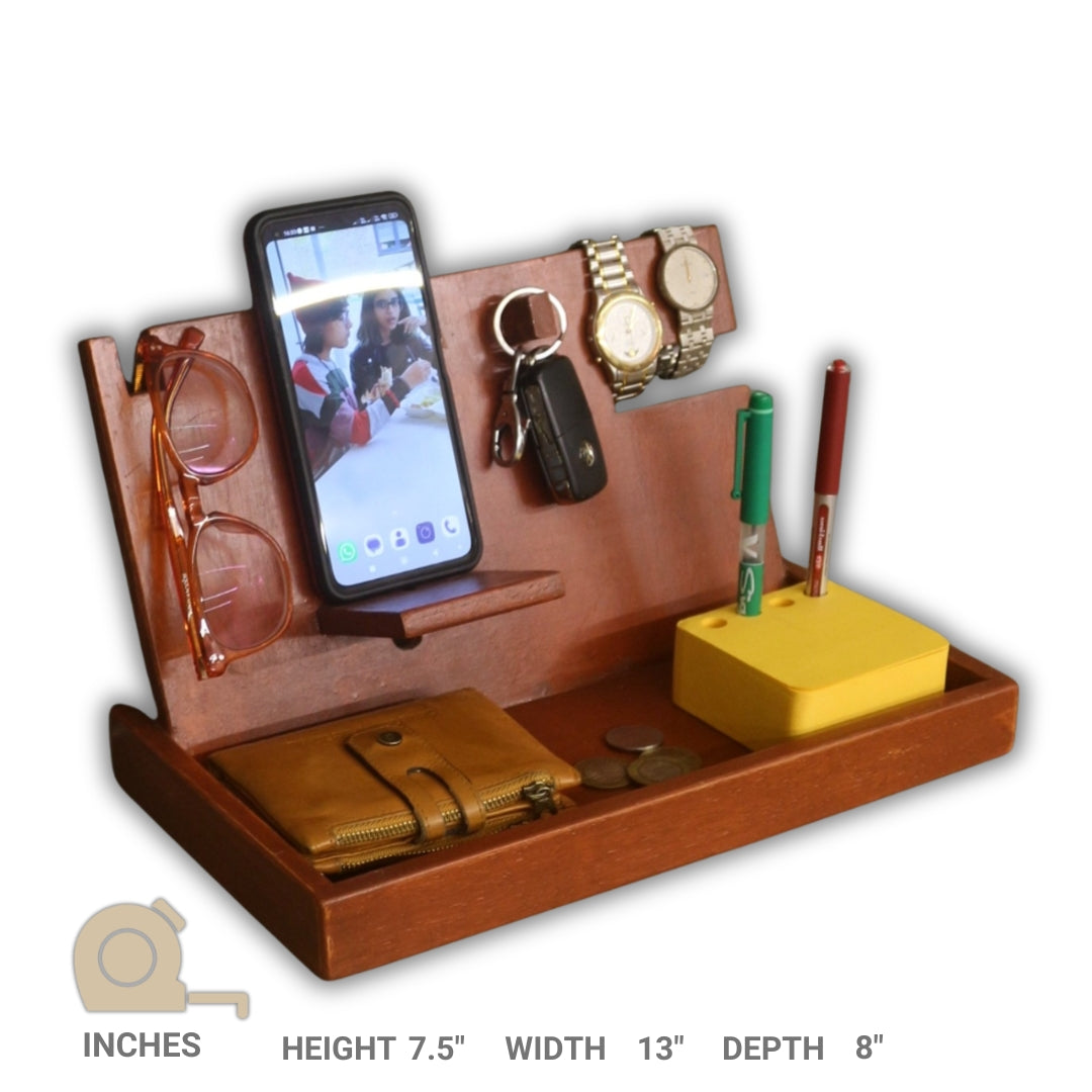 Mobile Holder Stand - Wooden Stand for Mobile with Space for Pen & Notepad - 7.5" x 13" x 8" (Stock)