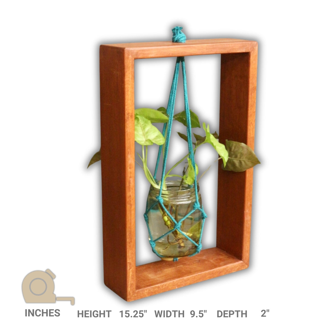 Wooden Frame Plant Holder with 1 Glass Mason Jars - Table top planter - Handcrafted with Rubberwood -  (Single) (Stock)