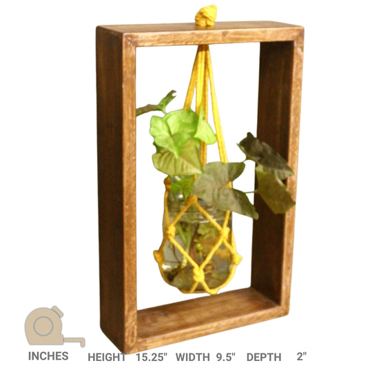 Wooden Frame Plant Holder with 1 Glass Mason Jars - Table top planter - Handcrafted with Rubberwood -  (Single)