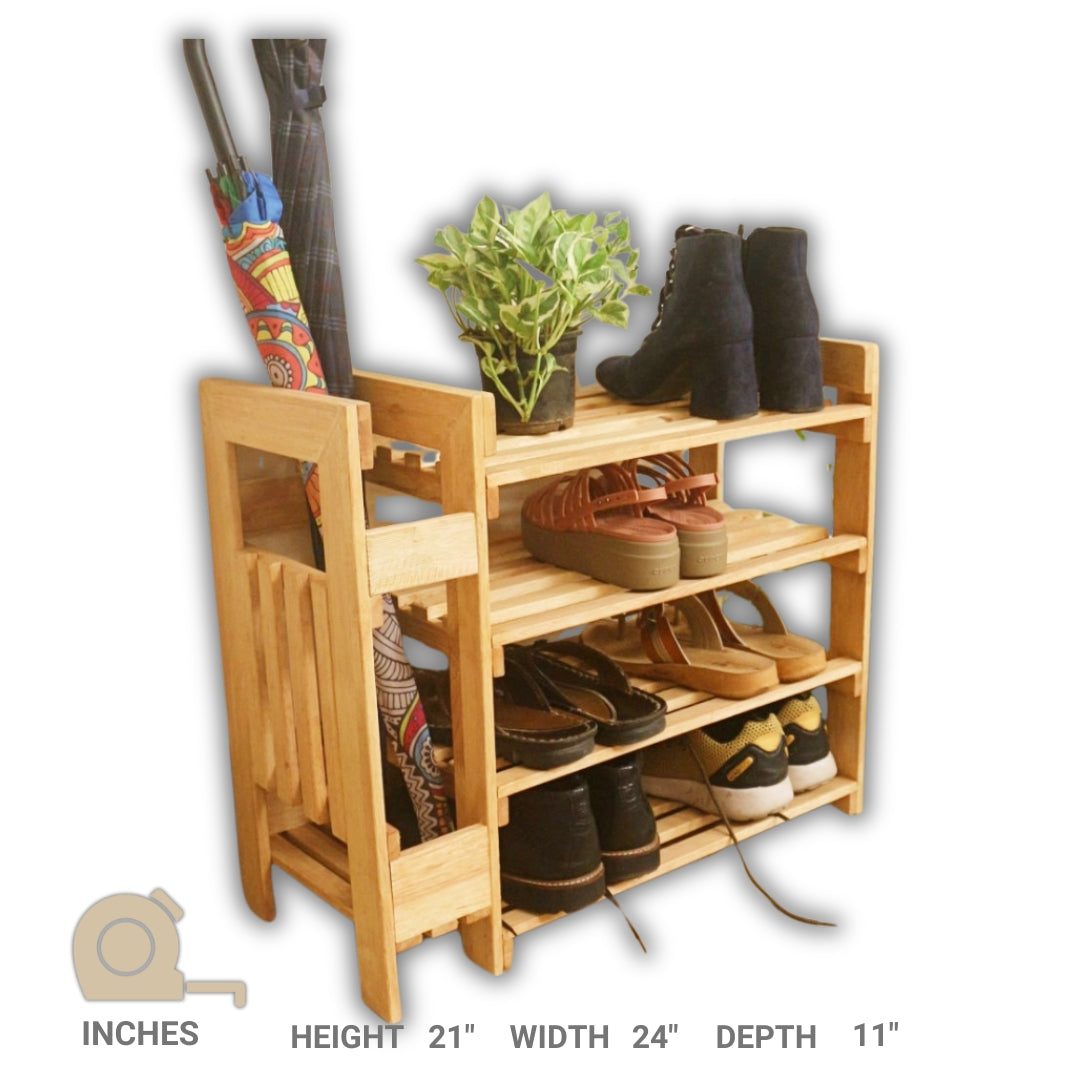 Wooden Shoe Rack with Umbrella Stand - Handcrafted 4 Tier Organizer for Shoes, Umbrella, and Decor