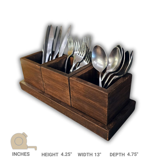 Cutlery Stand for Dining Table - Multi Compartment Wooden Holder for Spoons, Knives and Forks - Organizer Stand With 3 Compartments (Stock)