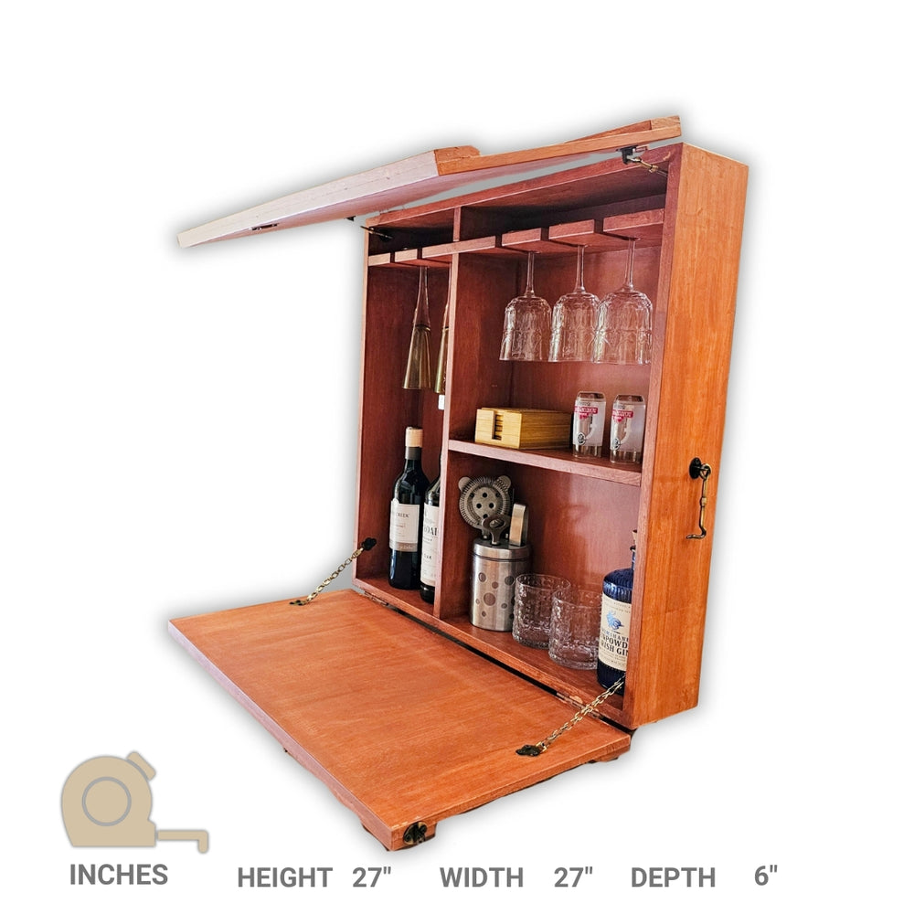 Wall Mounted Bar Unit - Upside Down Glass Hanging Organizer with Storage Space -  Medium in Size with 3 Compartments