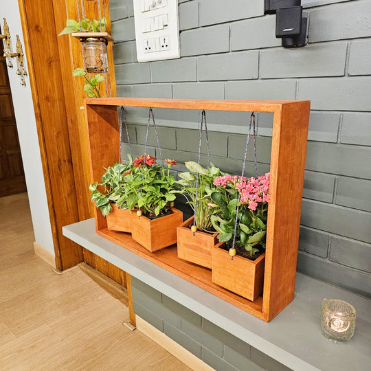 Wooden Table Planter with 4 Hanging - Handcrafted Planter for Living Room - Artificial Flower Basket , Rust Resistant Stock