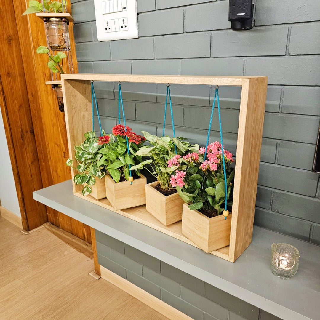 Wooden Table Planter with 4 Hanging - Handcrafted Planter for Living Room - Artificial Flower Basket , Rust Resistant