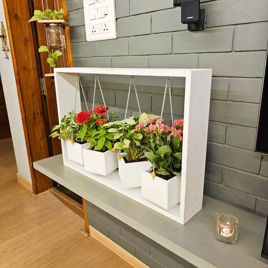 Wooden Table Planter with 4 Hanging - Handcrafted Planter for Living Room - Artificial Flower Basket , Rust Resistant