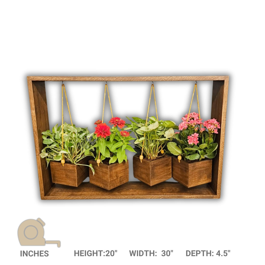 Wooden Table Planter with 4 Hanging - Handcrafted Planter for Living Room - Artificial Flower Basket , Rust Resistant Stock