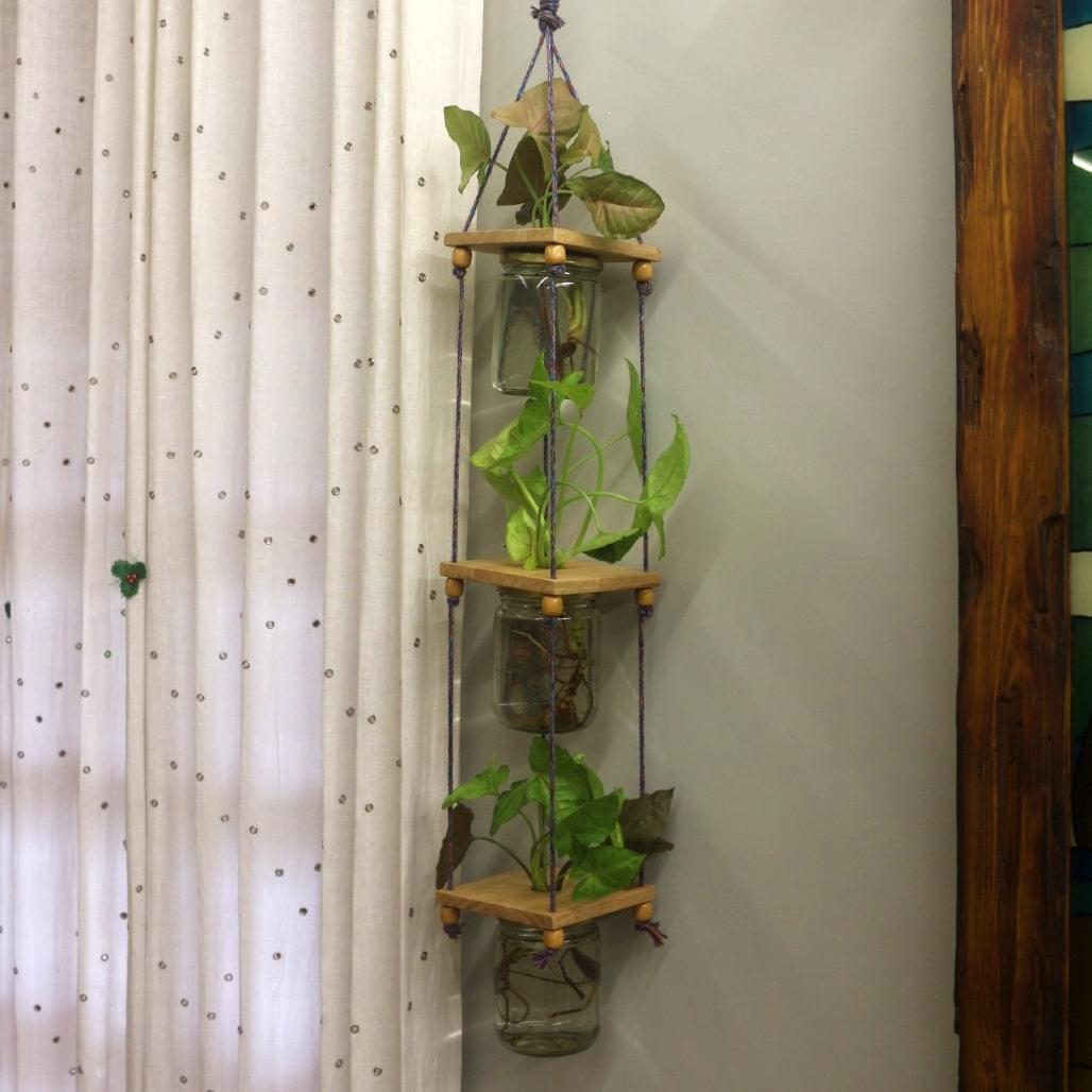 Barish Hanging Planter (Set of 3 Mason Jar) Rubberwood BH0071RW Best Home Decor Handcrafted