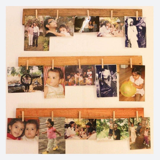 Photo Frame - Wall Mounted Photo Frame Organizer for Home - Set of 3 Frames with Wooden Pegs