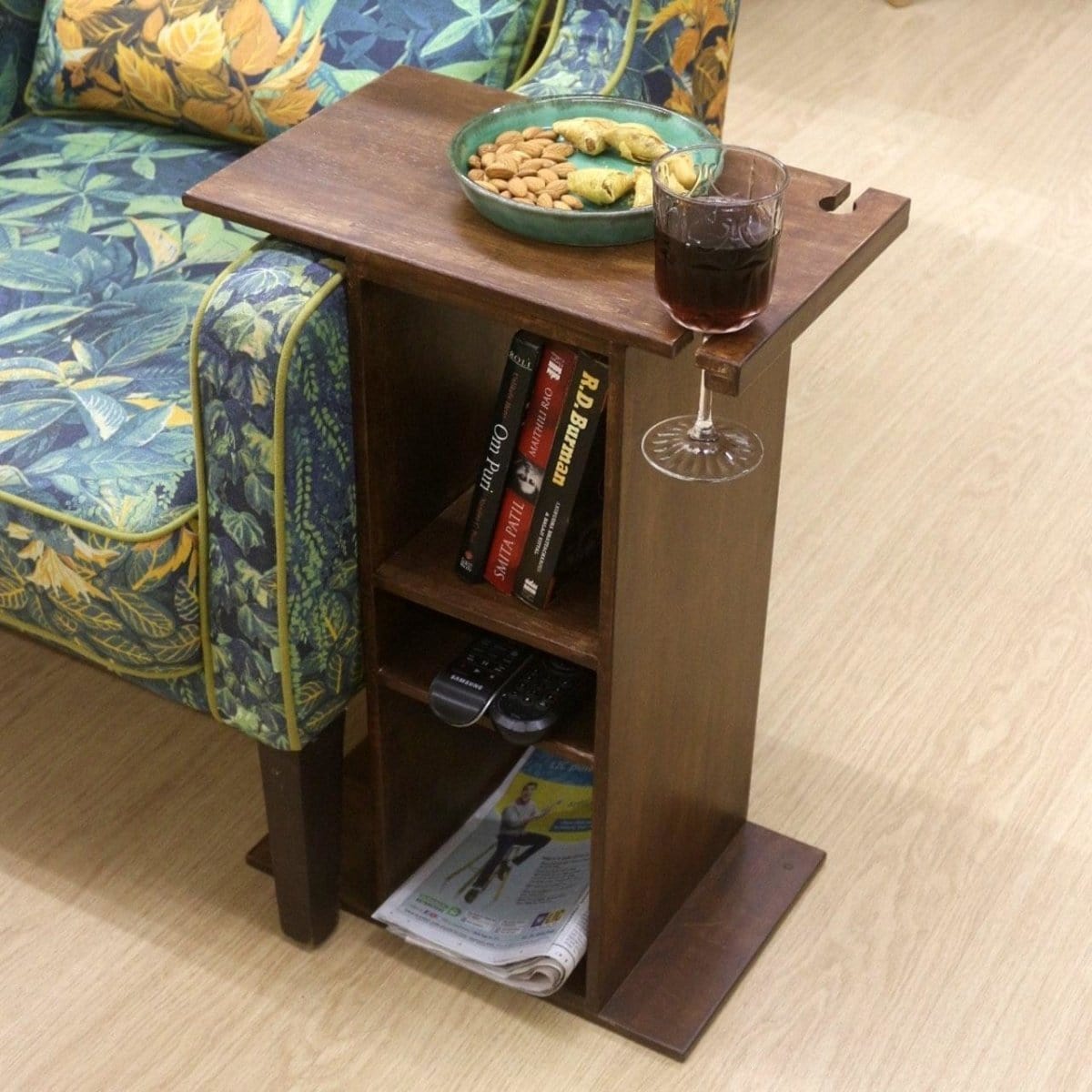 <img src="couch-caddy-side-tall-brown.jpg" alt="Tall brown couch caddy side table designed for easy access to drinks and essentials while relaxing.">
