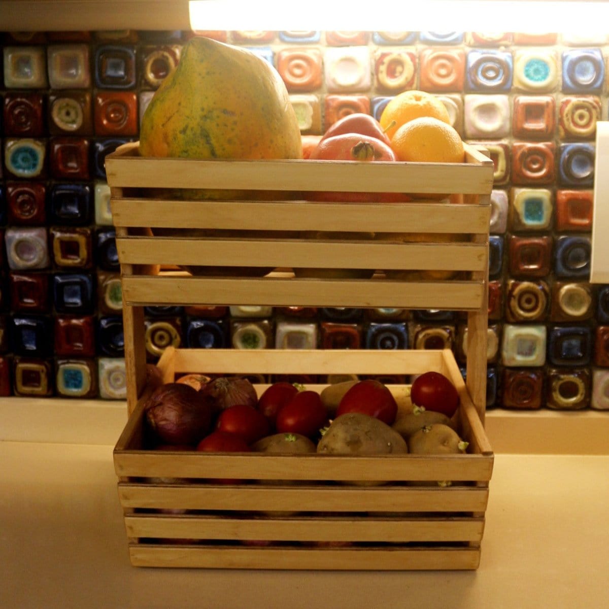 Barish Veg & Fruit Basket 2 Tier Rubberwood BH0057RW Best Home Decor Handcrafted