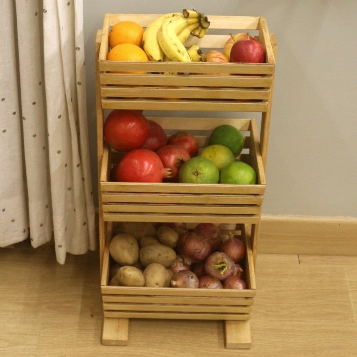 Barish Veg & Fruit Basket (3 Tier) Rubberwood BH0058RW Best Home Decor Handcrafted